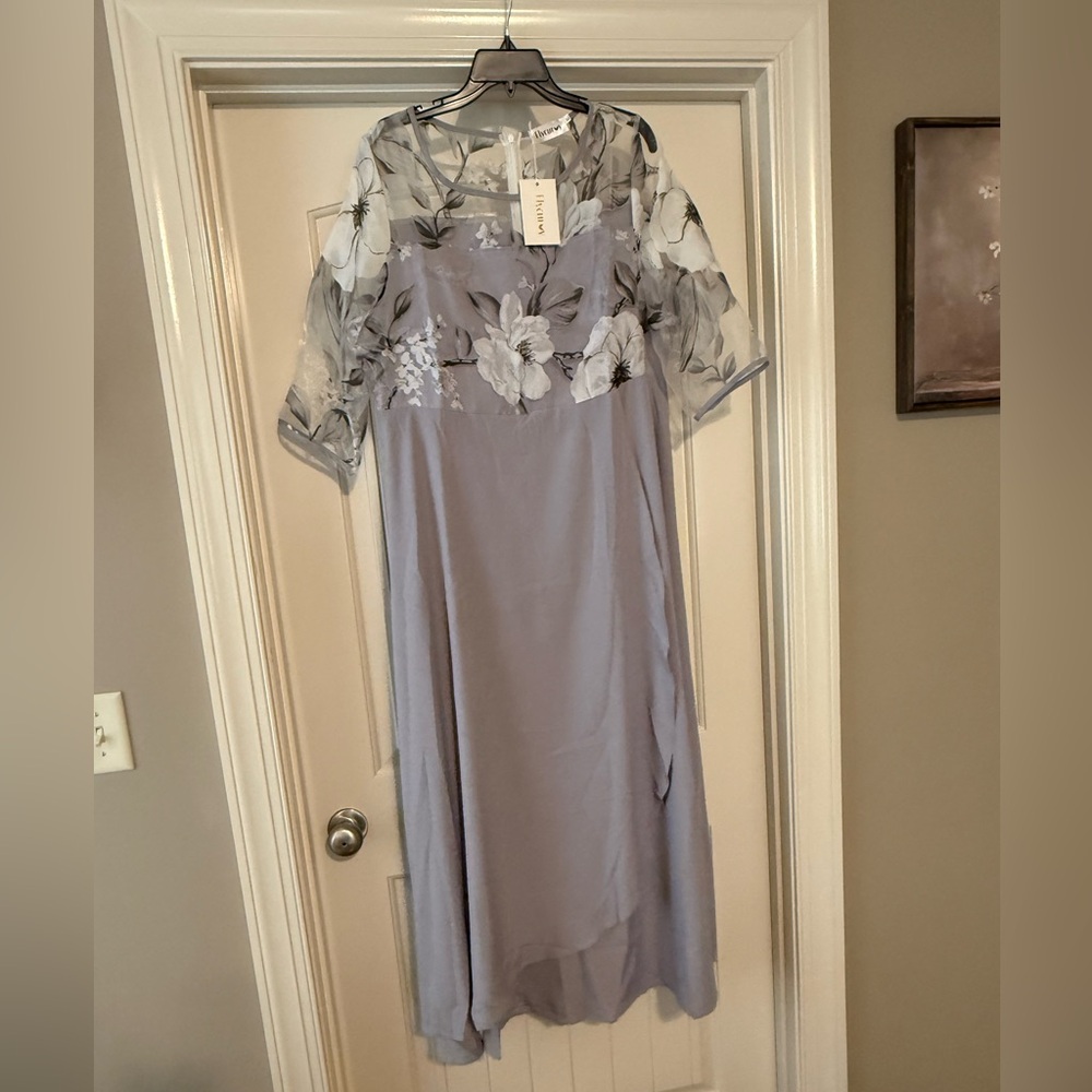 Floral Mesh Bodice Grey Formal Dress